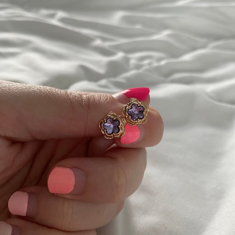 Purple and Gold Flower Stud Earrings